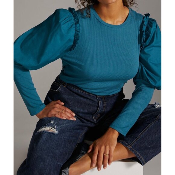 Anthropologie Sunday In Brooklyn Ruffled Contrast Top Size 3X Turquoise - Picture 3 of 6